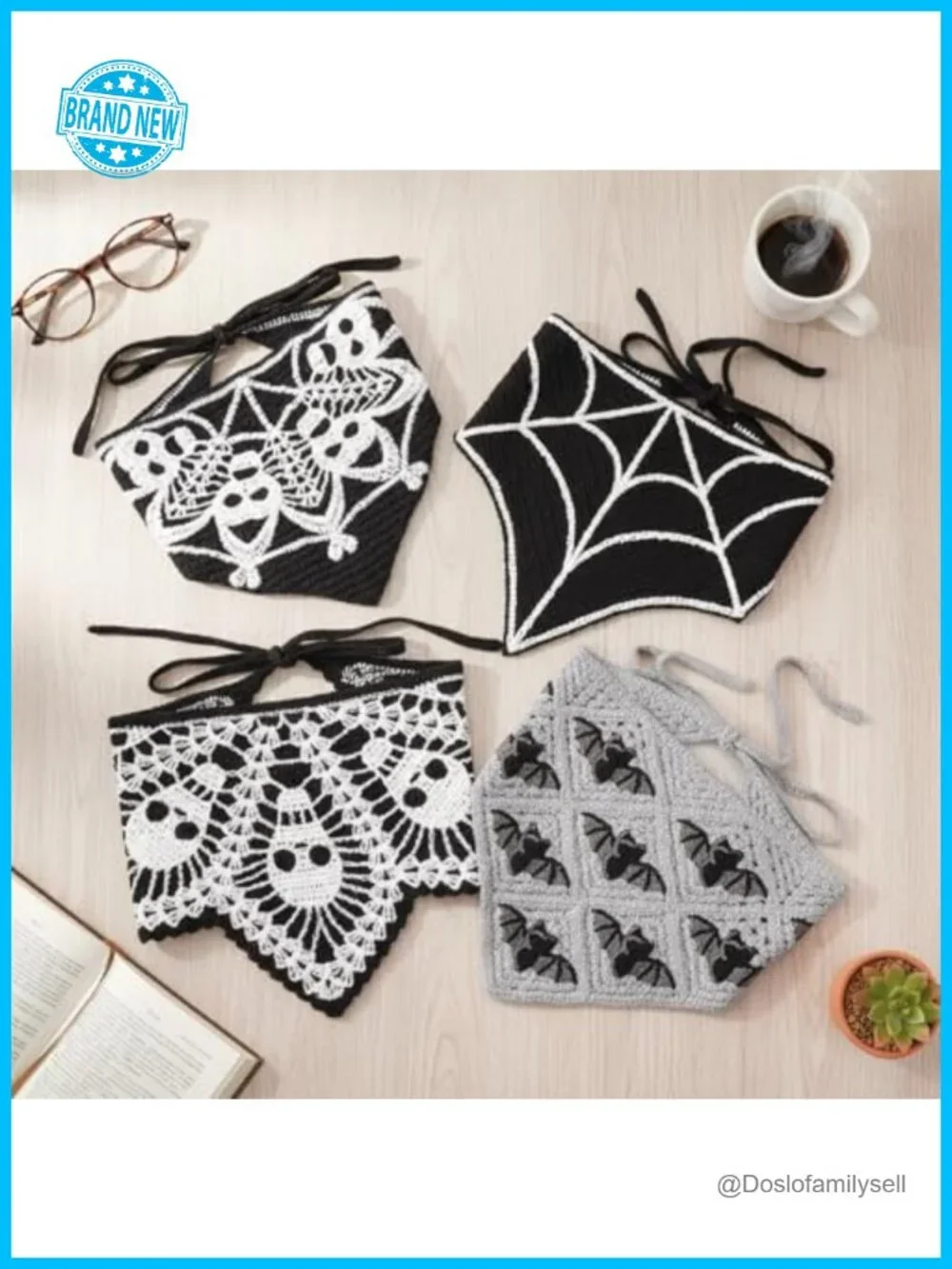 4 Pack Skull Bat Crochet Headband Gothic Triangle Hair Wrap Scarf Halloween